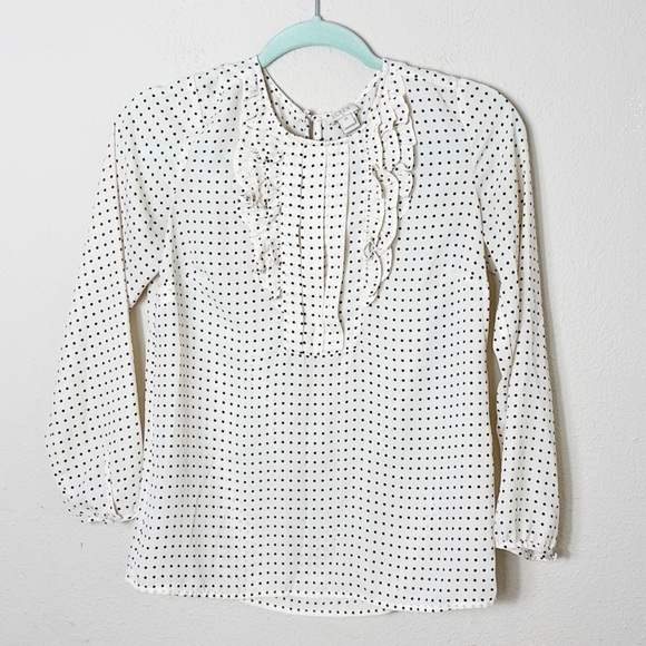 J. Crew Ruffle Front Long Sleeve Polka Dot Blouse Off White Black size 00 - Picture 1 of 7